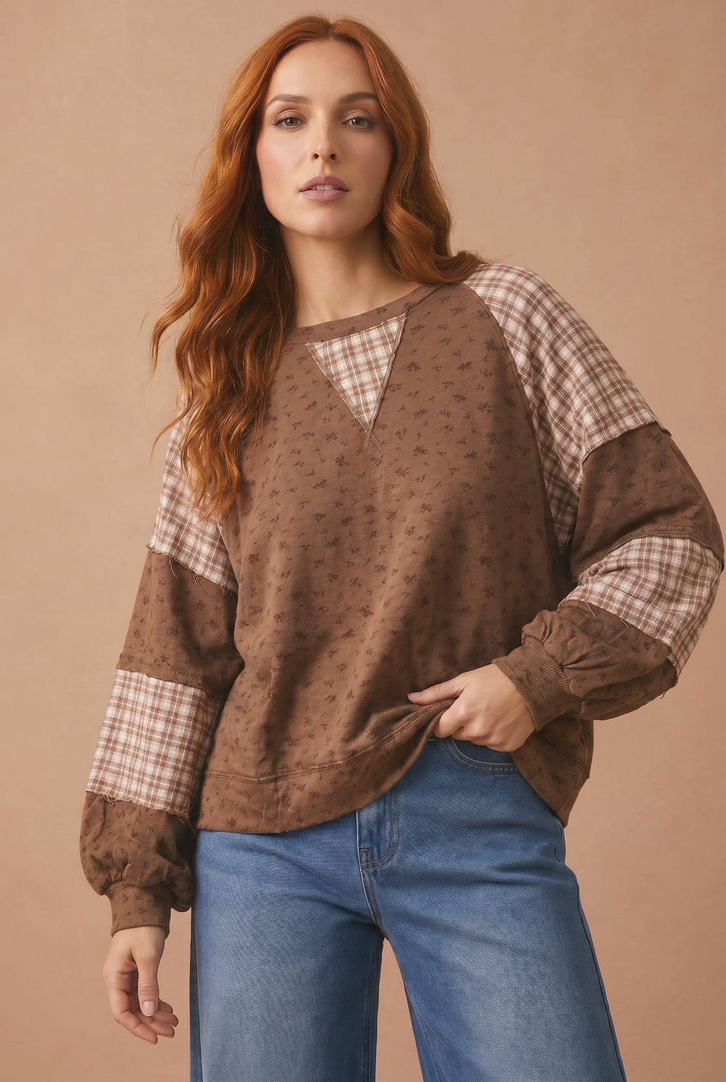 Plus Floral Plaid Color Block Top