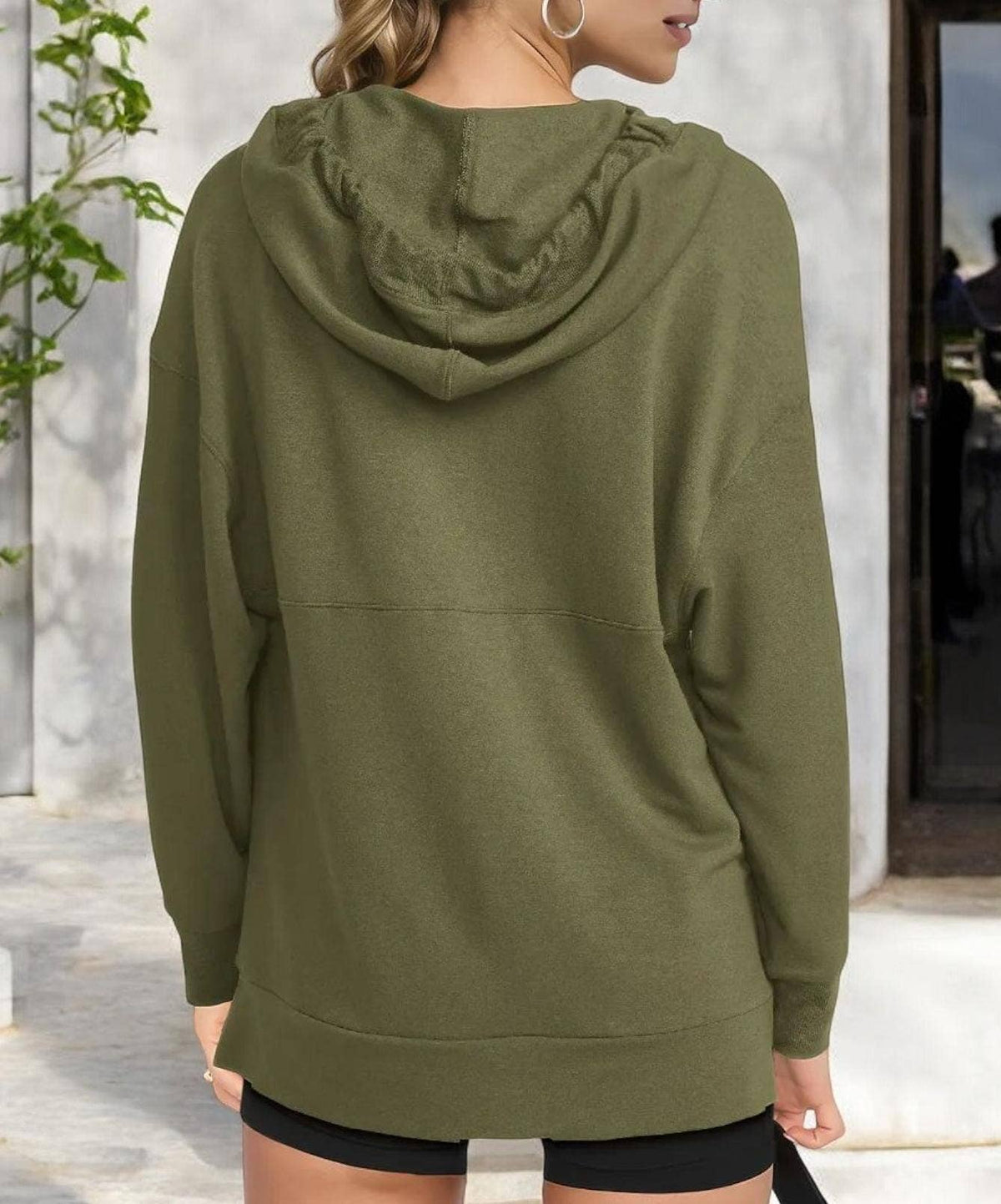 Oversized V-Neck Hoodie with 3/4 Sleeves and Front Pocket