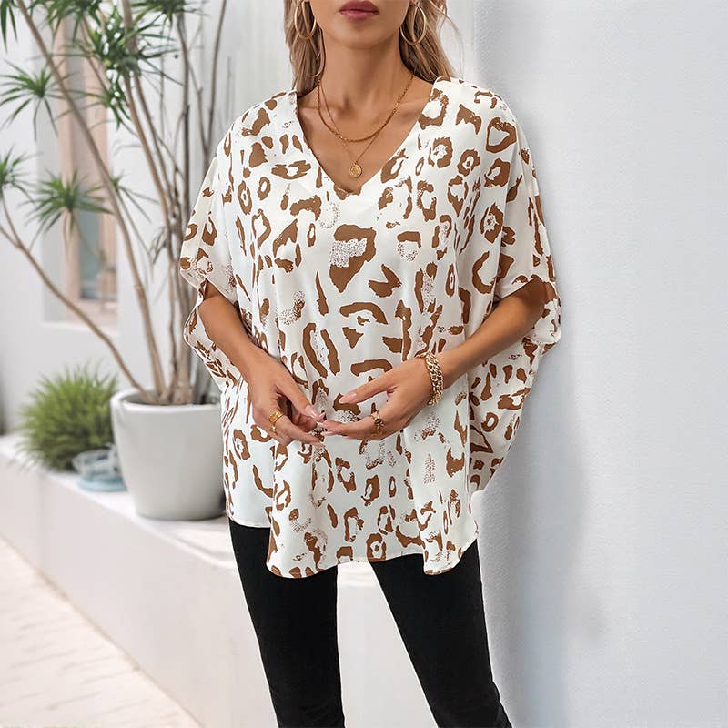 Leopard Print V-Back Dolman Sleeve Pullover Top