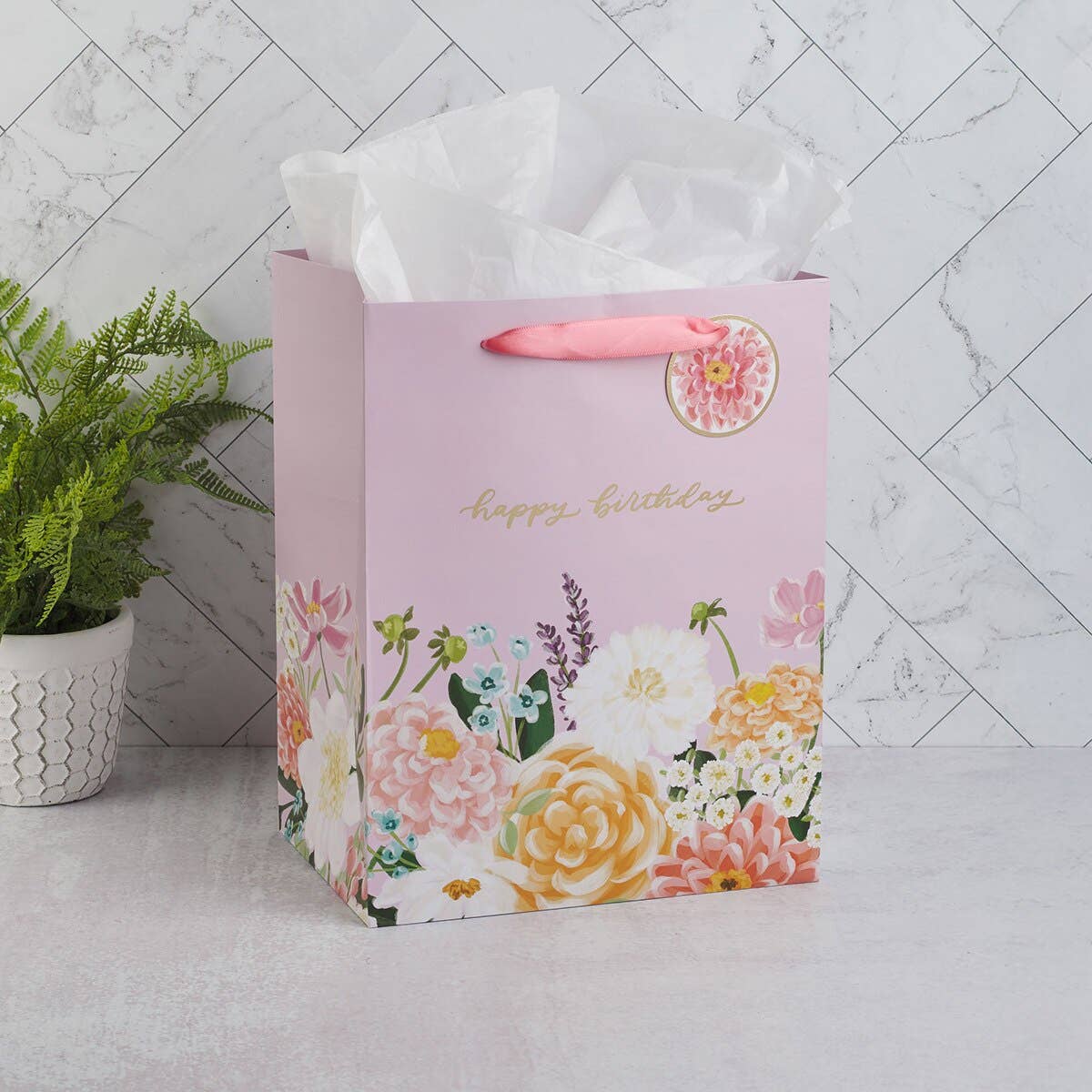 Gift Bag LG Portrait Purple Floral Happy Birthday
