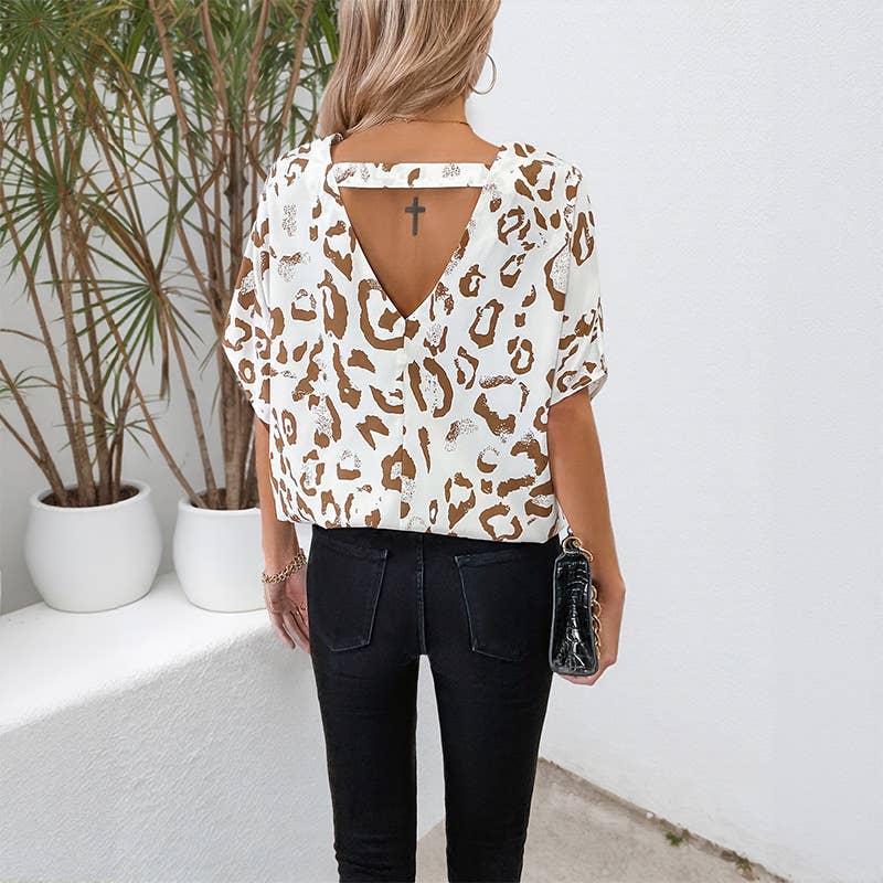 Leopard Print V-Back Dolman Sleeve Pullover Top