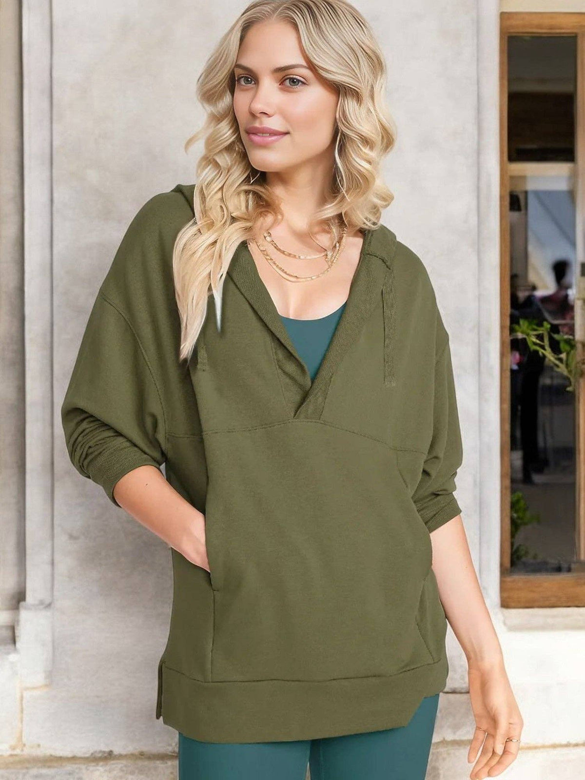 Oversized V-Neck Hoodie with 3/4 Sleeves and Front Pocket