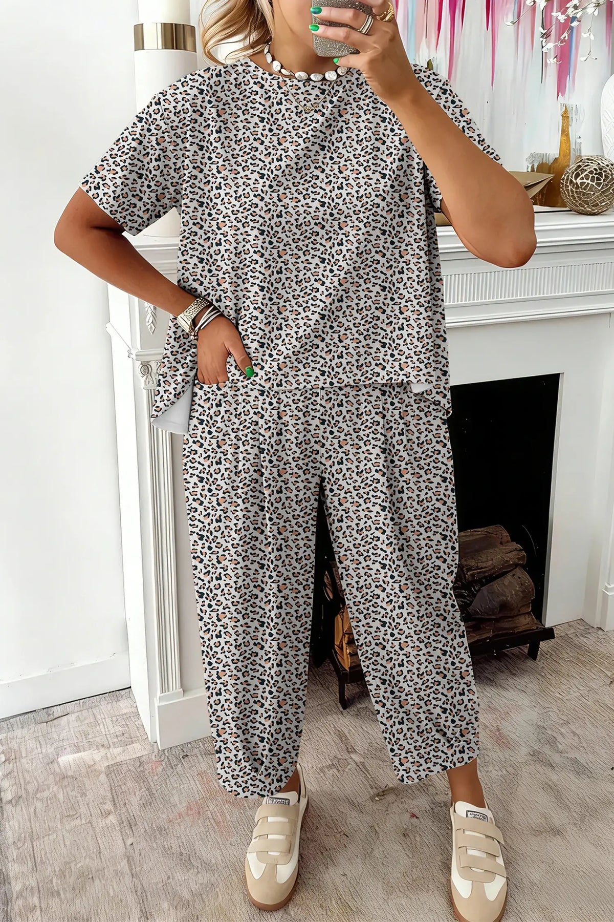 White Leopard Loose Tee Drawstring Waist Barrel Pants Set