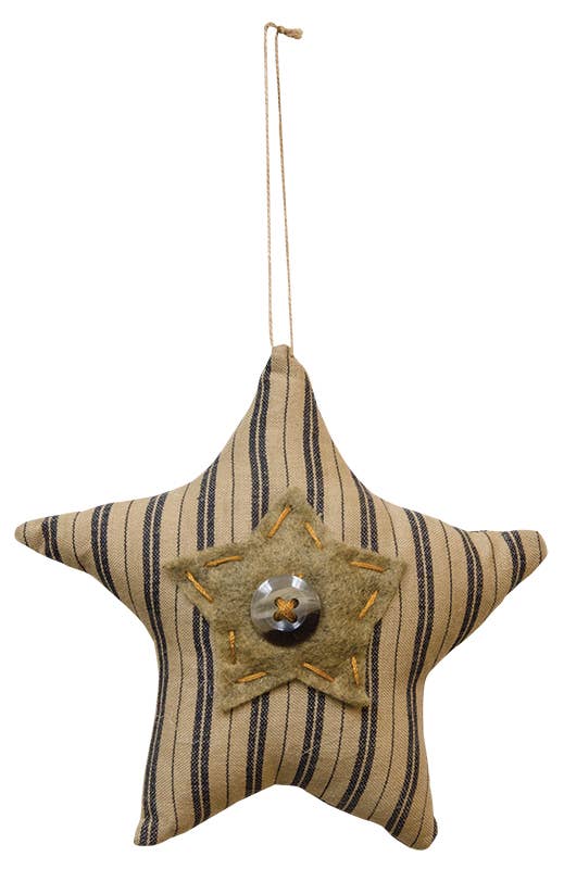 Ticking Button Star Ornament w/Button, 3 Assorted