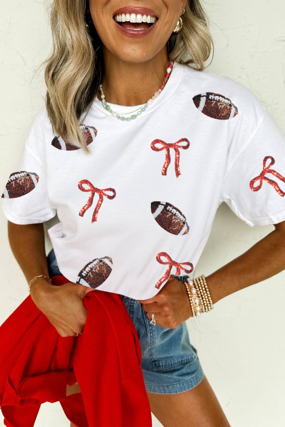 Real Sequins Game Day Round Neck Short Sleeve T-Shirts