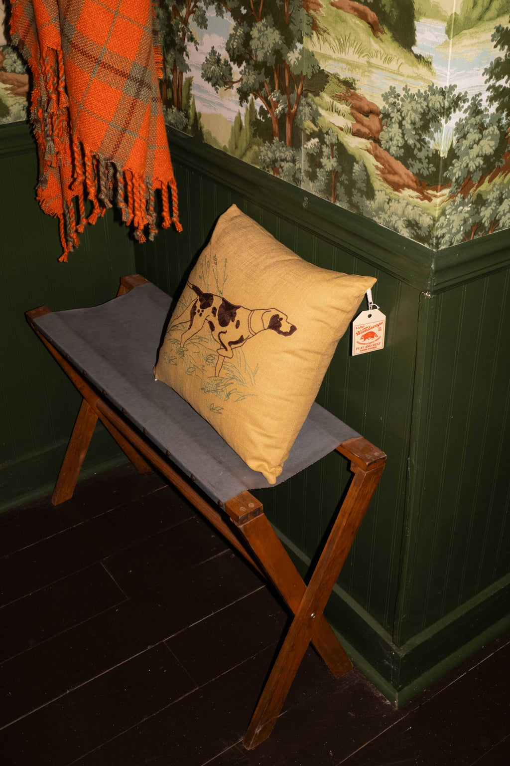 CAMP WANDAWEGA POINTER CHAINSTITCHED PILLOW- Camp W